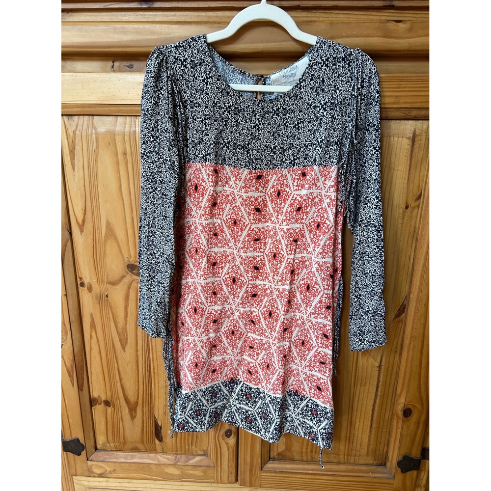 California Moonrise Mixed Print Side Fringe Mini Dress Blue Coral Long Sleeve